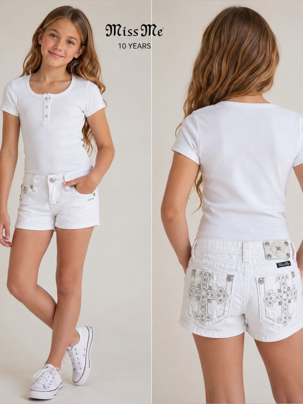 Miss Me Girls White Embellished Denim Shorts Sz 10 EUC Crystal Cross Mid Shorts